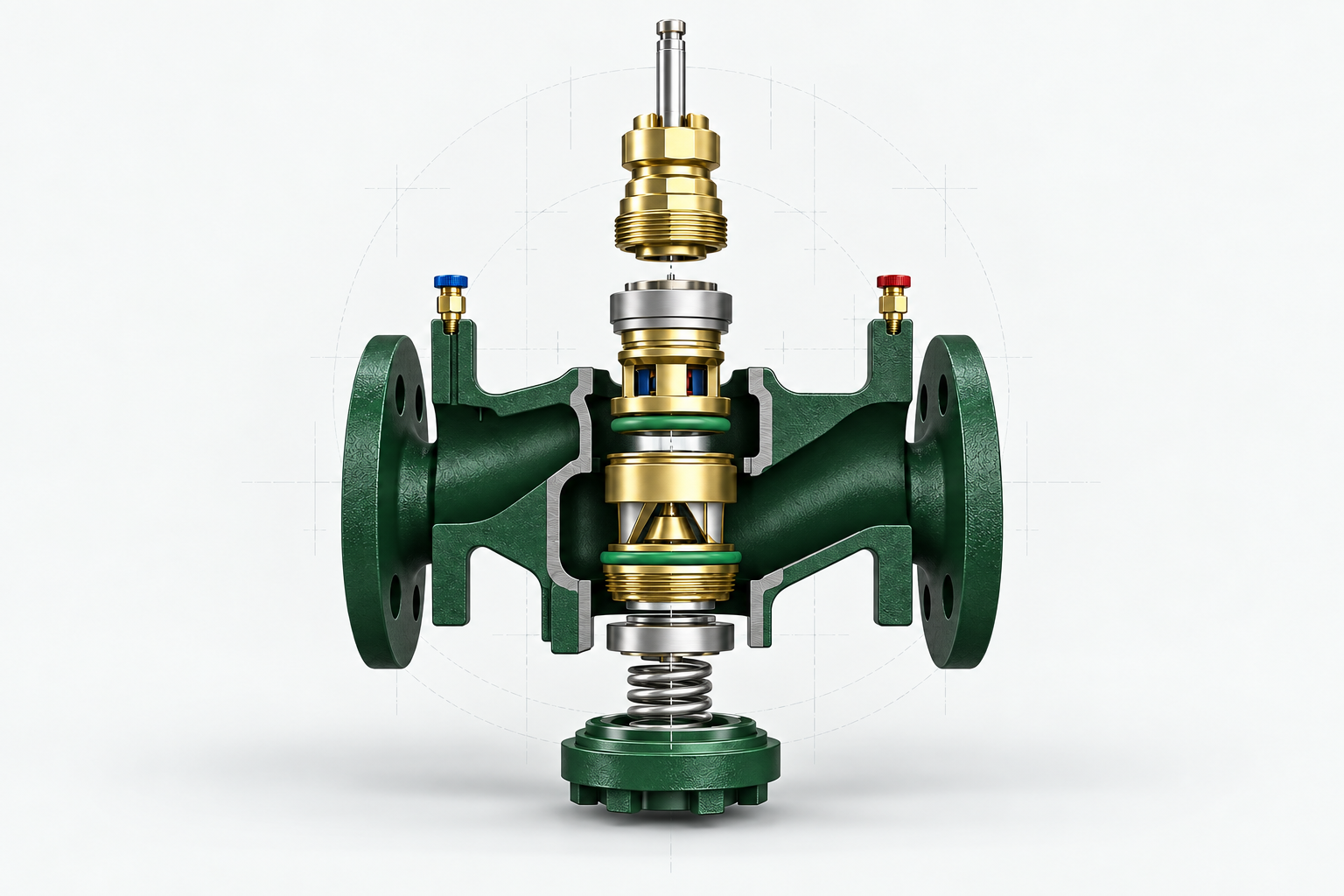 Illustrative PICV exploded assembly with brass control cartridge, stem, seals, spring and sectional valve body
