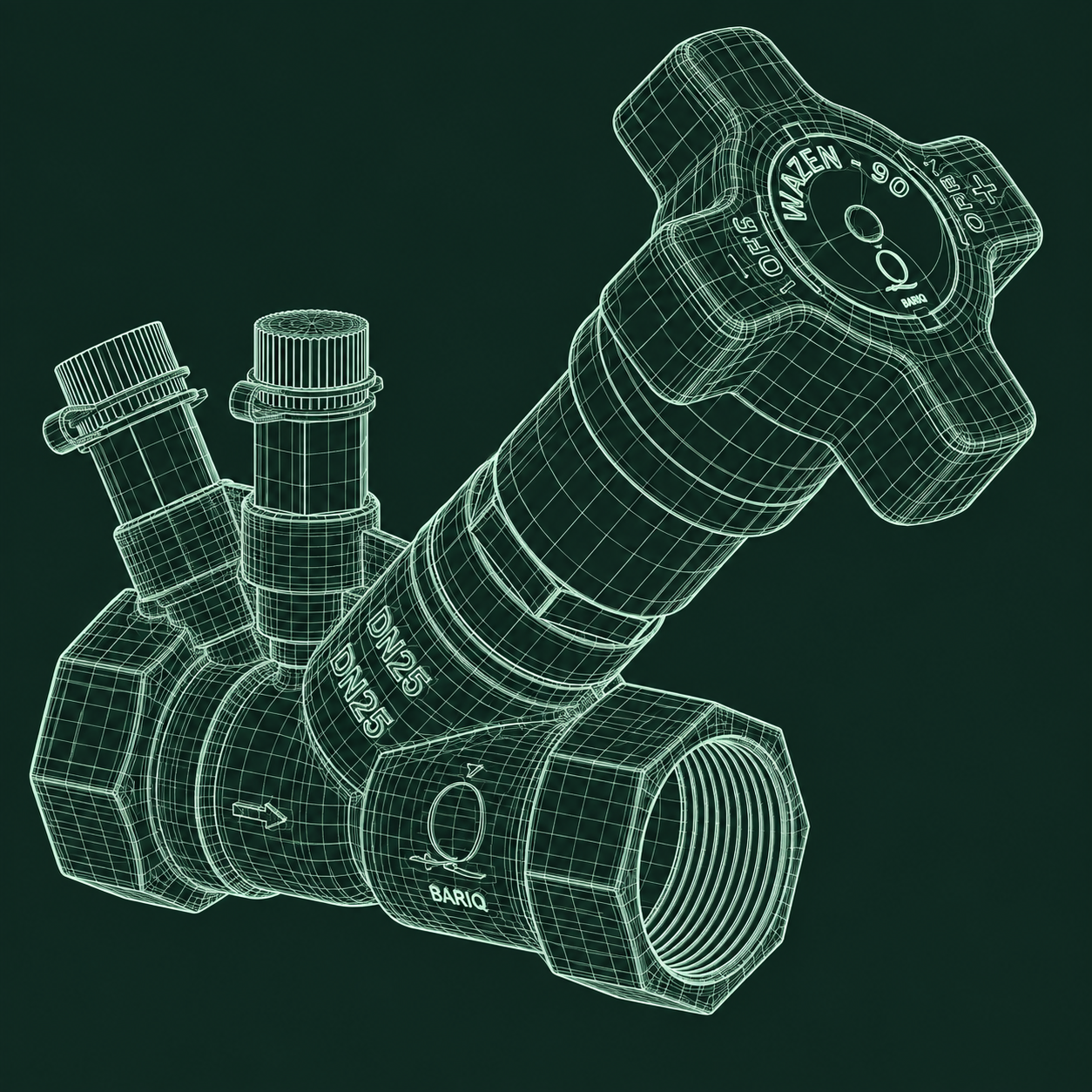 WAZEN-90 balancing valve — engineering wireframe illustration