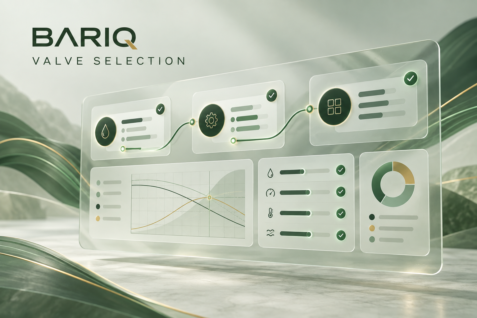 BARIQ valve selection concept with connected steps and engineering charts