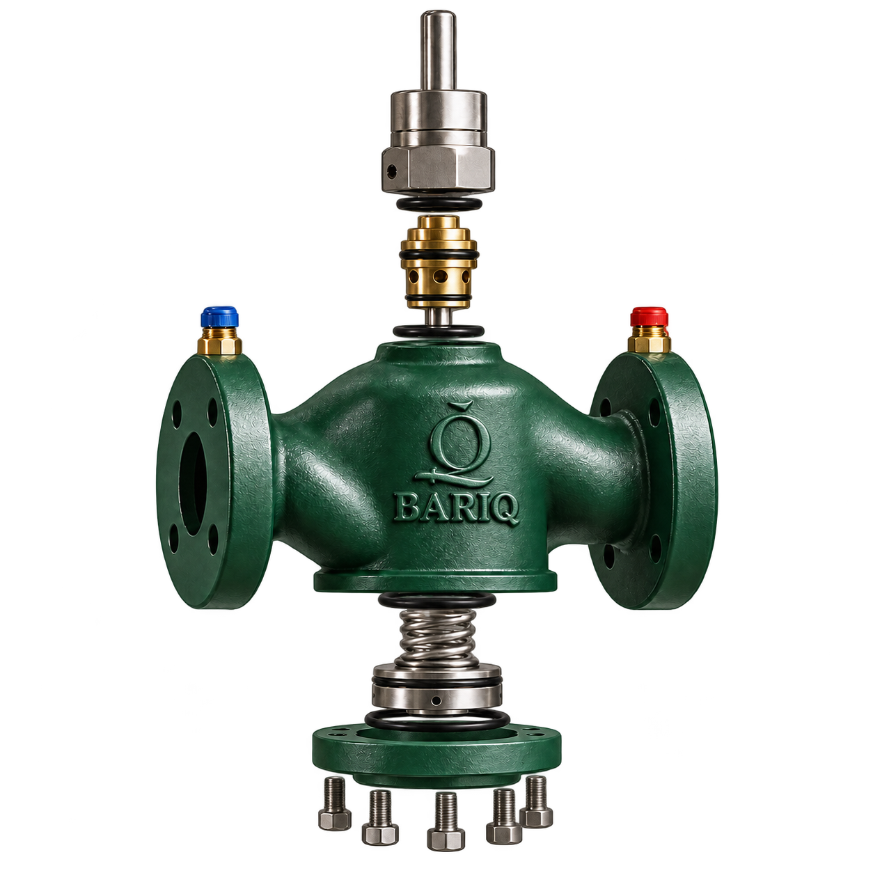 Exploded view of BARIQ BRQ-9000HF showing control cartridge, stem, spring, differential pressure module, bottom cover and bolts