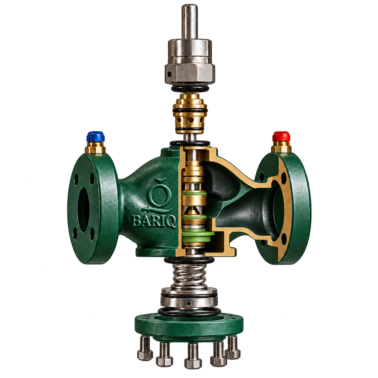 Large section cutaway exploded view of BARIQ BRQ-9000HF showing the internal flow passage, valve seat, control cartridge and differential pressure chamber